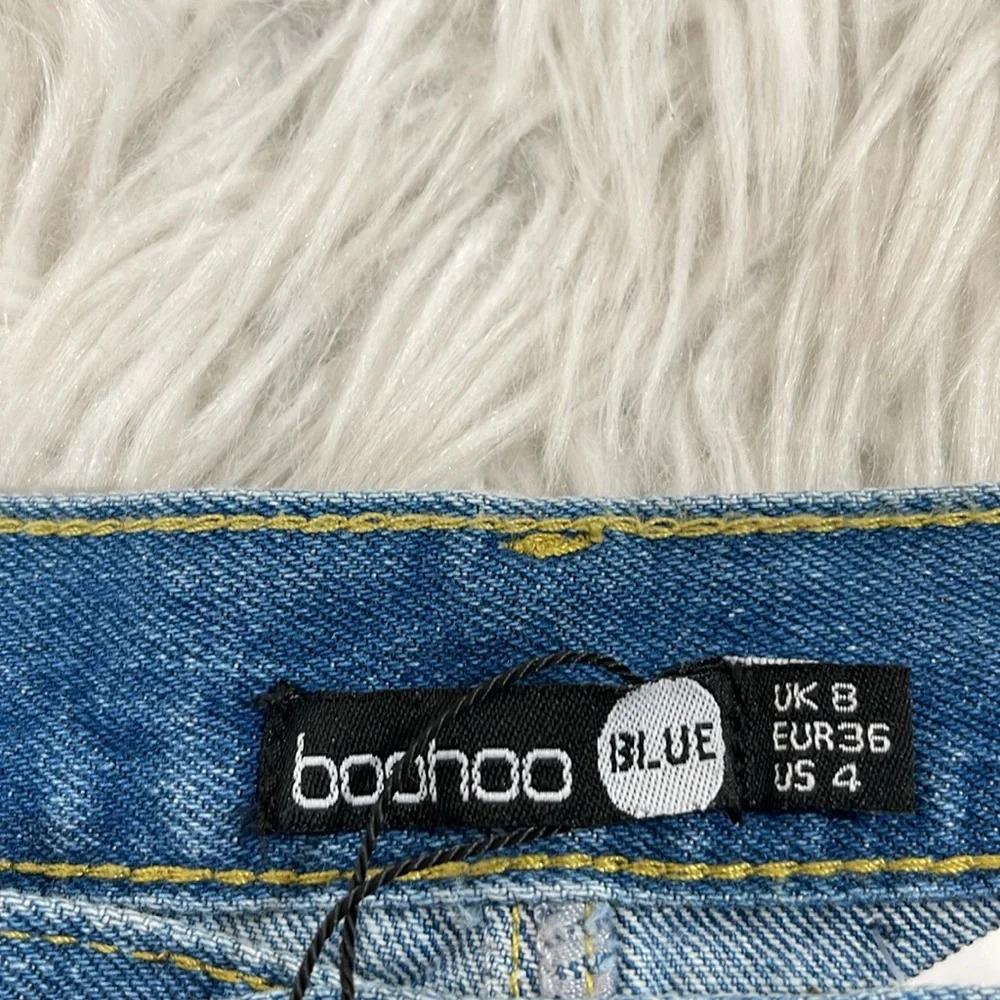 BOOHOO UNEVEN RAW HEM DISTRESSED DENIM SKIRT MID BLUE WITH POCKETS SIZE 4 NEW - Picture 6 of 11